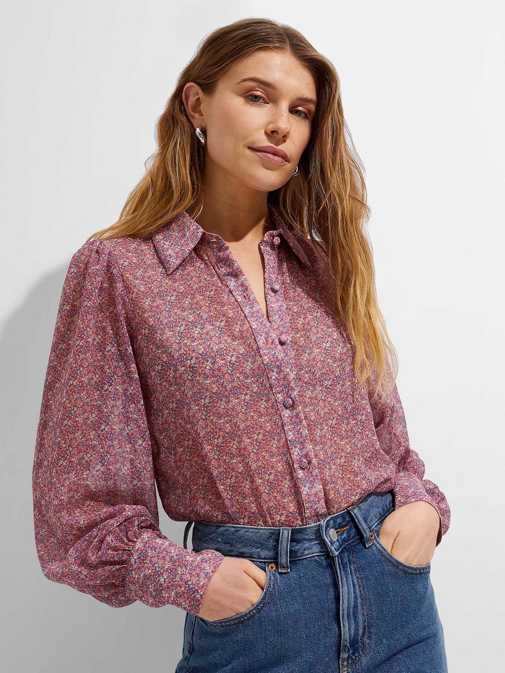 ICONE Sheer Chiffon Puff-sleeve Blouse In Patterned Blue